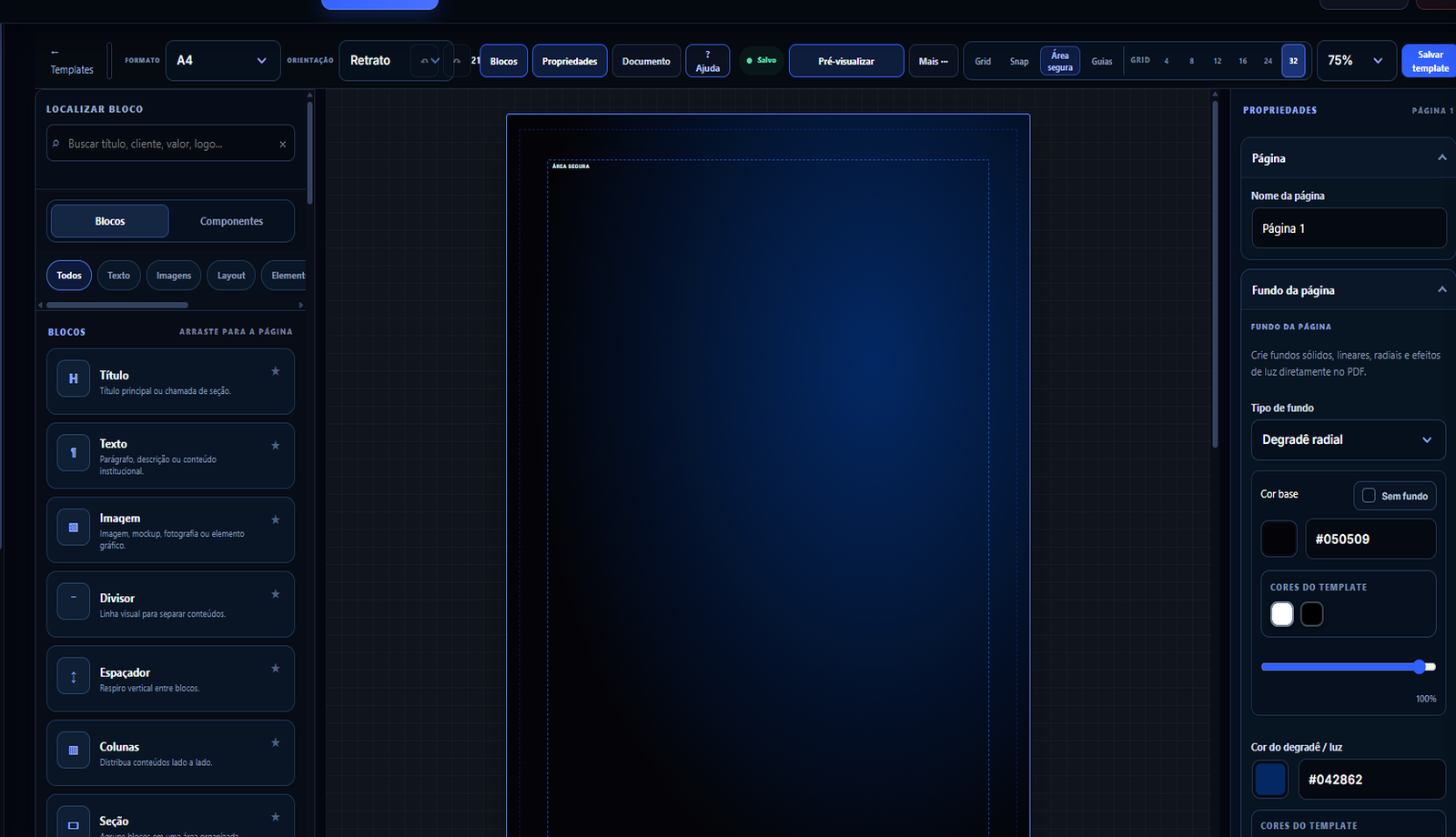 Interface atual do Template Builder do EU CRIO Partners, com biblioteca de blocos, canvas e propriedades